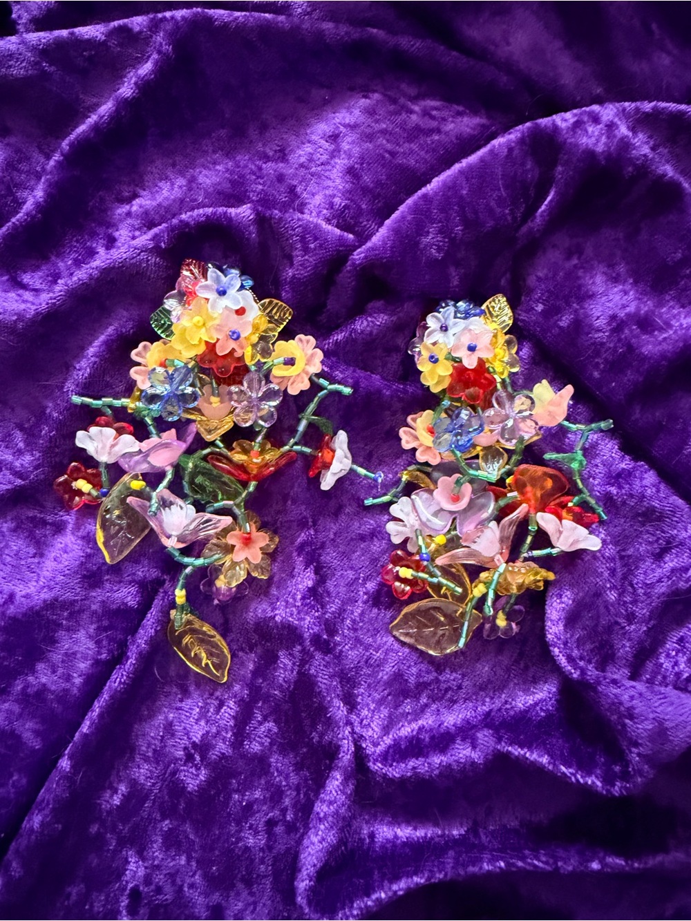 Multicolor Floral Cluster Earrings with Gold Leaves